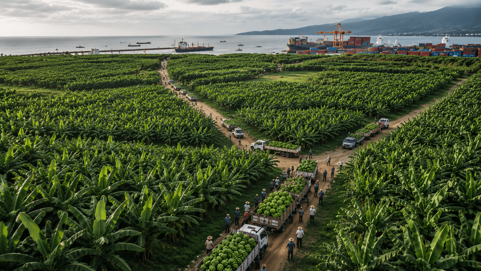 Aerial view of a Nigerian plantain farm with harvested produce being loaded onto trucks near a shipping port